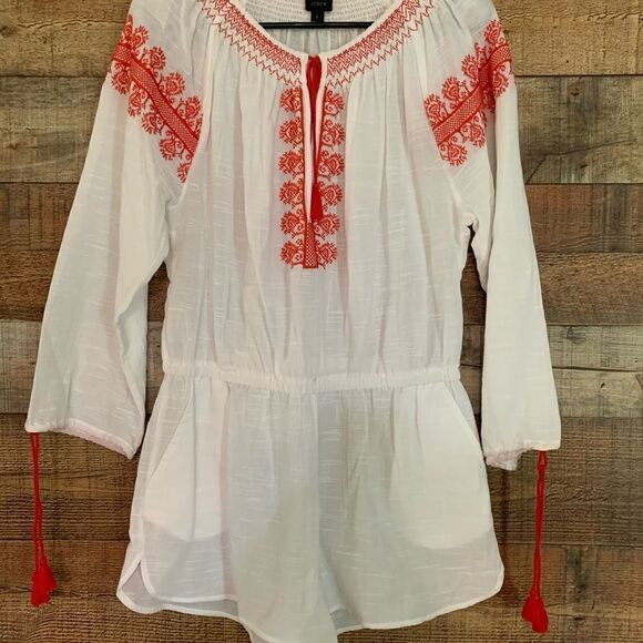J. Crew white shorts romper orange embroidery long sleeve size‎ small - Picture 3 of 13